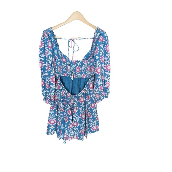 Free People Sacha Mini Babydoll Dress Floral 3/4 Sleeve Beaded Back Tie Women L - Picture 7 of 8